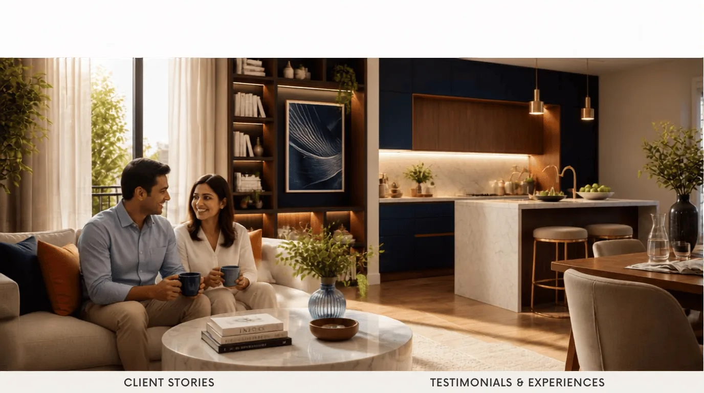 A happy couple smiling inside their newly designed luxury living room by Galley Interio
